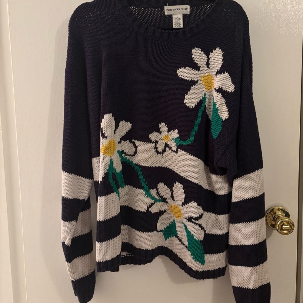 Paris Sport Club Navy Blue and White Striped Crewneck Sweater with Flowers